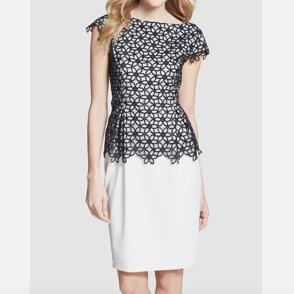 Adrianna Papell Caged Lace Overlay Dress Short Sleeve Peplum Black White Size 6 - Picture 9 of 9